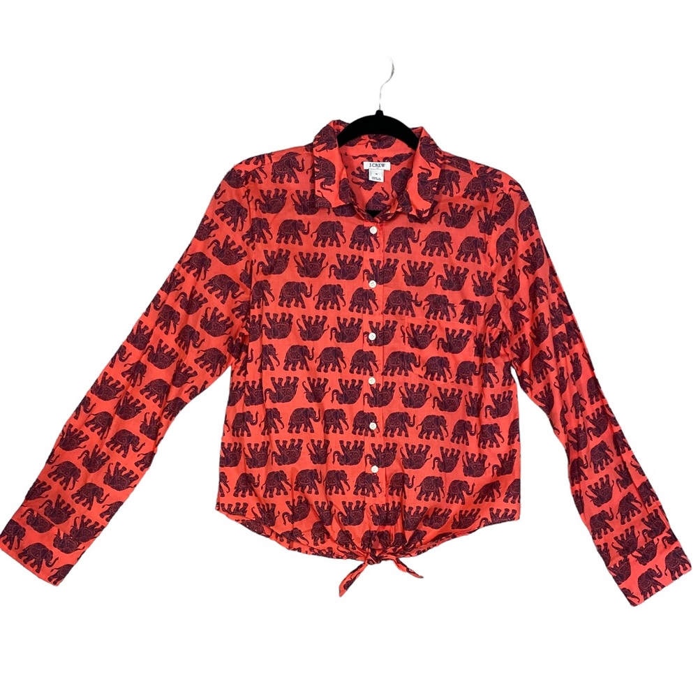 J. Crew Elephant Printed Tie-Front Shirt Red & Blue 100% Cotton Women’s Size M